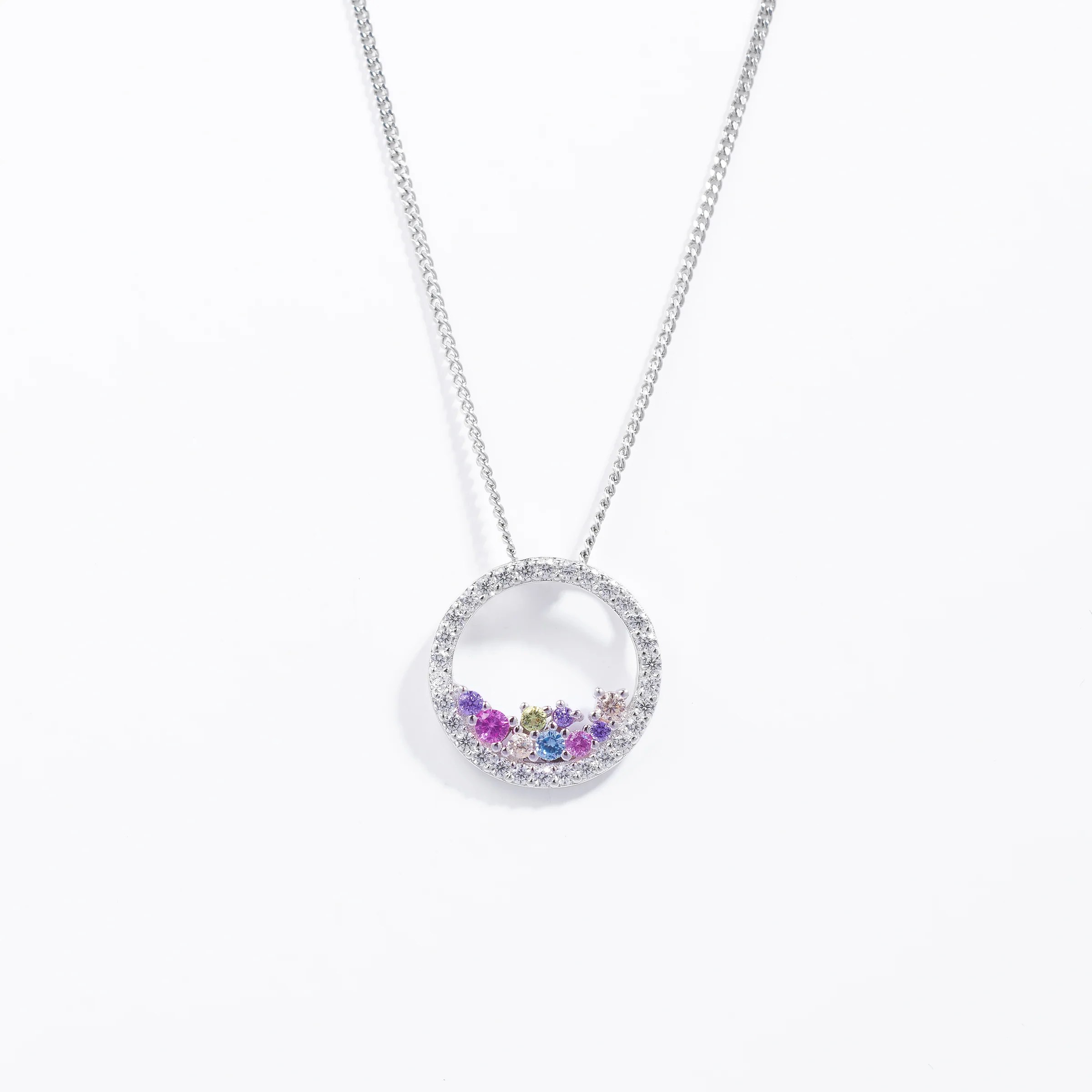 Sterling Silver Scattered Pastel Zirconia Open Circle Pendant + Chain 14mm