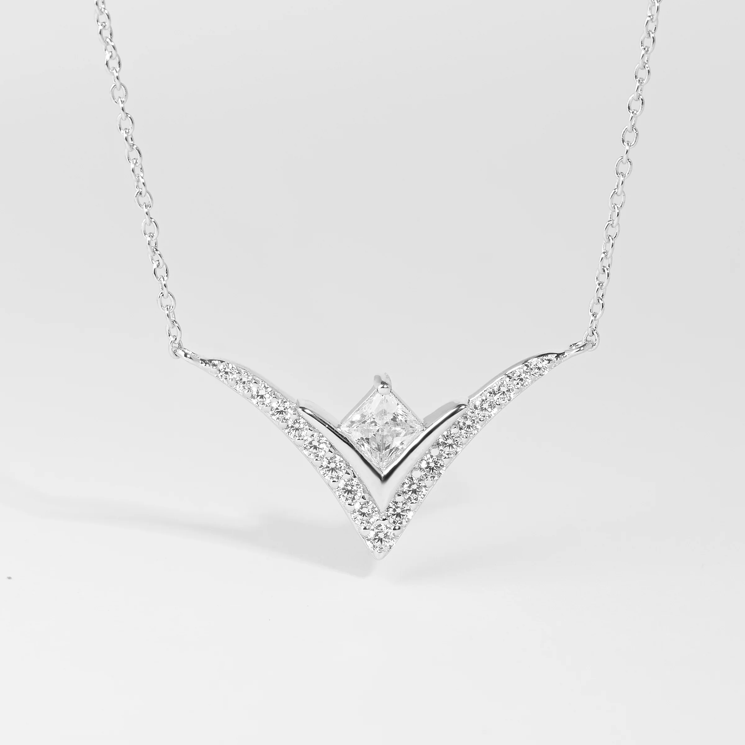 Sterling Silver V Shaped Zirconia Necklace