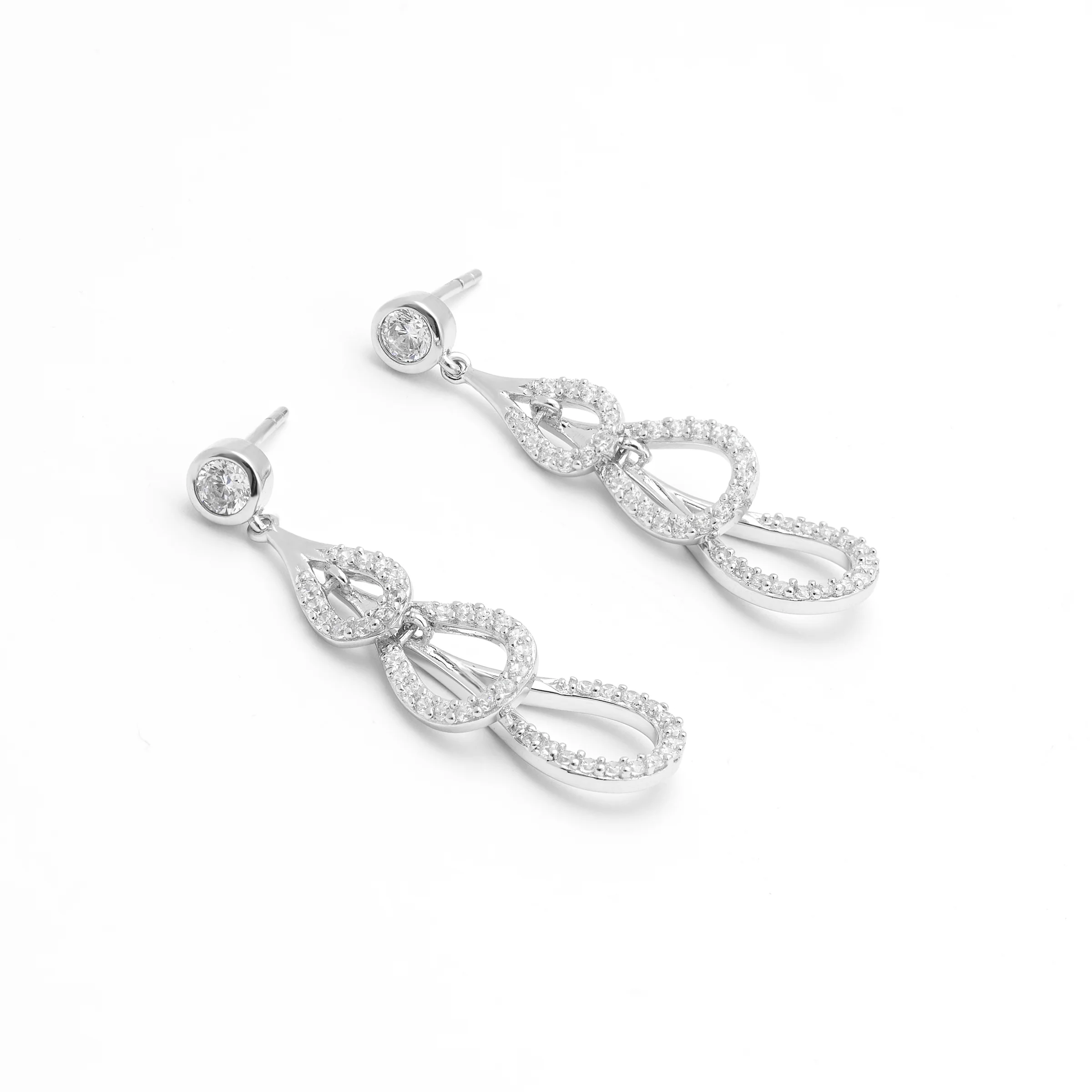 Sterling Silver Zirconia Triple Teardrop Stud Earrings - Image 2